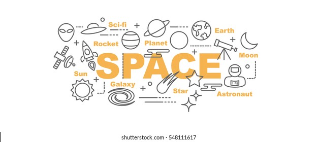 space vector banner design concept, flat style with thin line art icons on white background
