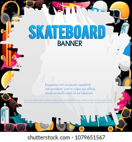 Space vector banner design with label for text and skateboards as background.Perfect for cover,poster,invitation,brochure. Youth sport concept label. Vector illustration.