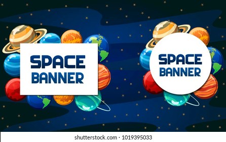 Space vector banner design with planets.Round and square banner. Outer space card, label concept. Vector illustration.