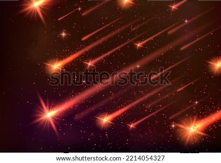 Space vector banner of meteor shower, shooting stars and falling comets or asteroids with bright yellow meteorite fireballs, glowing fire trails and orange sparkles. Galaxy, universe and astronomy