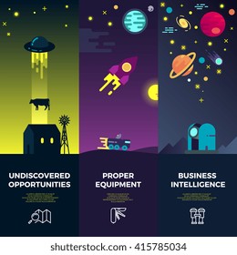 Space vector banners with flat astronomic and ufo icons and planets. Ufo science, ufo rocket, spacecraft ufo illustration