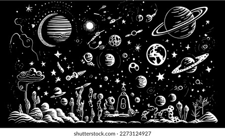 Space vector black line illustration isolated white. Sketch art