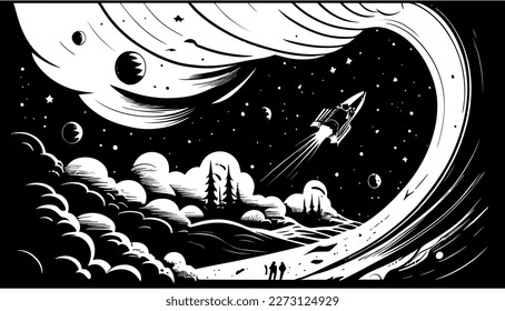 Space vector black line illustration isolated white. Sketch art