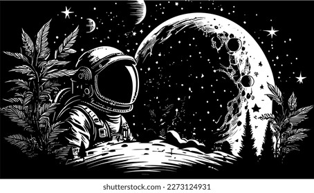 Space vector black line illustration isolated white. Sketch art