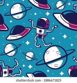 Space vector cartoon seamless pattern for wallpaper, wrapping, packing, and backdrop.