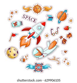Space vector cartoon sticker set. Hand drawn illustrations with rocket, fox astronaut, asteroids, moon, sun, planet and stars. Colorful elements for print