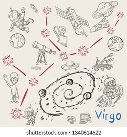 space vector coloring constellation with the name and illustrations on a scientific and fantastic theme