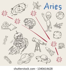 space vector coloring constellation with the name and illustrations on a scientific and fantastic theme