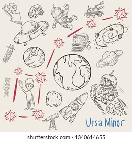 space vector coloring constellation with the name and illustrations on a scientific and fantastic theme
