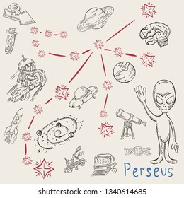 space vector coloring constellation with the name and illustrations on a scientific and fantastic theme