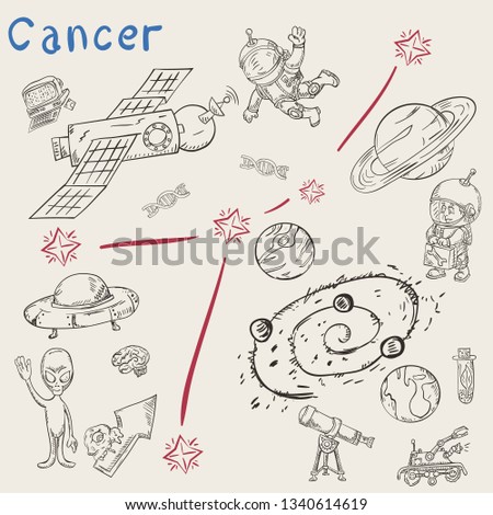 space vector coloring constellation with the name and illustrations on a scientific and fantastic theme