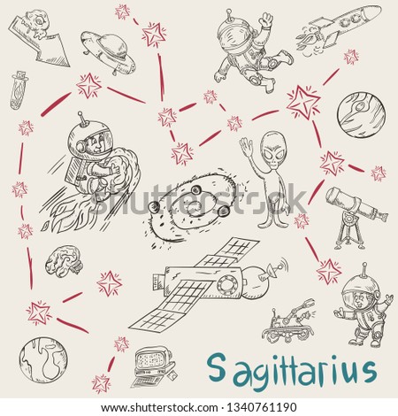 space vector coloring constellation with the name and illustrations on a scientific and fantastic theme