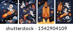 Space! Vector cute illustration of an astronaut, spaceship, rocket, alien, UFO, sky and people for background, card or poster. Children