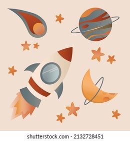 Space! Vector cute illustration of rocket, planet, moon, stars for background, postcard or poster. Children's drawings of the starry sky and galaxy.