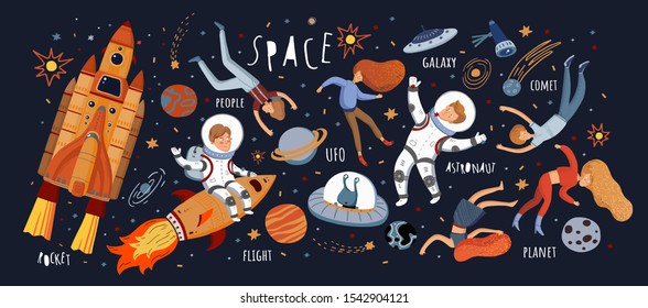 Space! Vector cute illustrations of space objects: rocket, astronaut, alien, flying people, stars, comet, moon, sky. Drawings for card, background or banner.