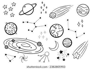 Space vector doodle set of illustrations with planets and stars, meteor, constellation, galaxy