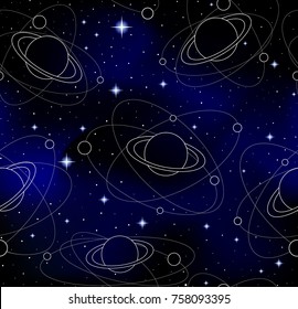 Space vector endless texture with handwritten planets, satellites ans stars