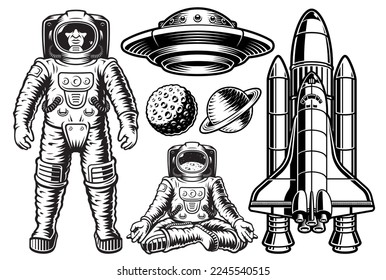 Space vector graphics set with isolated elements on white background such as astronaut, planet, flying saucer, shuttle