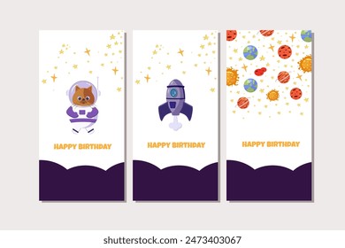 Space vector happy birthday card. Children, kids birthday. Astronaut, planet, satellite, rocket, ufo, comet cartoon objects