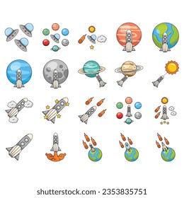 Space vector icon set. Astronaut, planet, satellite, rocket, ufo, comet cartoon objects