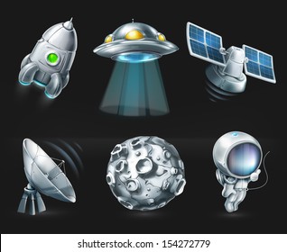 Space, vector icon set on black