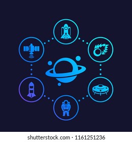 Space vector icons, comet, astronaut, satellite, shuttle, planet with asteroid belt