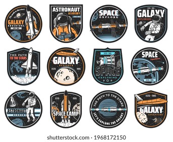 Space vector icons. Cosmonaut in galaxy, rocket in outer cosmos, shuttle expedition, explore or adventure. Satellite in space, colonization mission and galaxy exploration, astronaut academy labels set