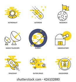 Space Vector Icons Set: Astronaut, Asteroid, Research, Radio Telescope, Planet, Observatory, Spaceship, Outer Space, Discoverer. Modern Line Style