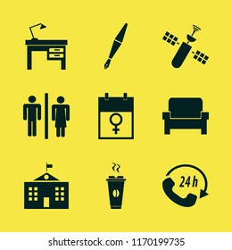 space vector icons set. with call center, lamp on desk, university campus and satellite in set