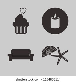 space vector icons set. with candle, cupcake heart, shell starfish and sofa in set