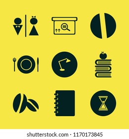 space vector icons set. with coffee beans, square barcode box, desk table lamp and notebook in set