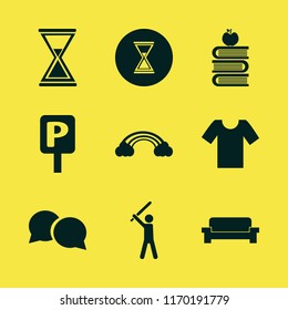 space vector icons set. with hourglass, rainbow, baseball player and sofa in set