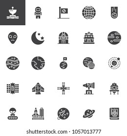 Space vector icons set, modern solid symbol collection, filled style pictogram pack. Signs, logo illustration. Set includes icons as Space telescope, Satellite dish, Astronaut, Meteorite, Planet