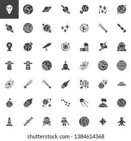 Space vector icons set, modern solid symbol collection, filled style pictogram pack. Signs, logo illustration. Set includes icons as Solar system planets, ufo, comet, meteor, galaxy, black hole, stars