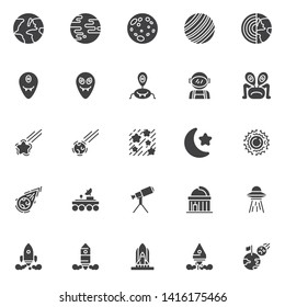 Space vector icons set, modern solid symbol collection, filled style pictogram pack. Signs logo illustration. Set includes icons as Planet earth, Solar System, Full moon, Space shuttle flying, ufo fly
