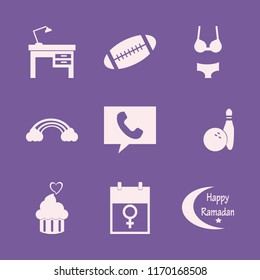 space vector icons set. with phone, bowling ball pin, lamp on desk and march calendar in set