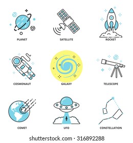 Space vector icons set: planet, satellite, rocket, cosmonaut, galaxy, telescope, comet, ufo, constellation. Modern line style