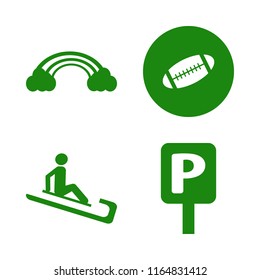 space vector icons set. with rainbow, man riding sleigh, parking sign and rugby ball in set