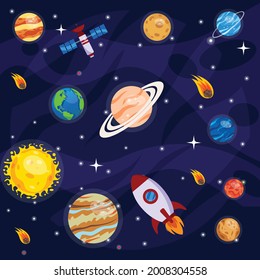 Space vector illustration in dark background. Planets, rockets, satellite and stars. Astronomy elements.