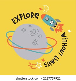 Weltraumvektorgrafik. handgezeichneter Vektorhintergrund mit Rakete, mit Slogan-Erkundung ohne Grenzen.