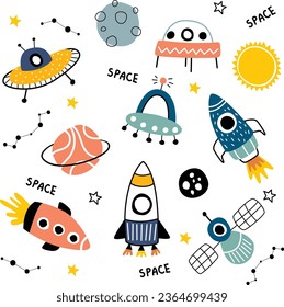 Space vector illustration for kids. Vector rocket, vector spaceship, vector ufo, sputnik. Cosmos illustration