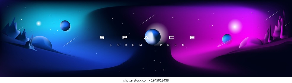 Space vector illustration. Space landscape. Parade of the planets Saturn, Jupiter, Venus, Mercury planetary exploration, colonization, galaxy.