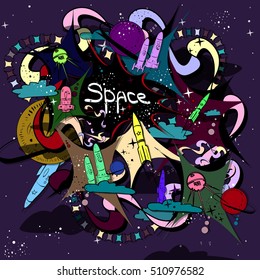 Space vector illustration made hand-drawn. Many symbols and objects for backgrounds. Cute cartoon colorful doodles.