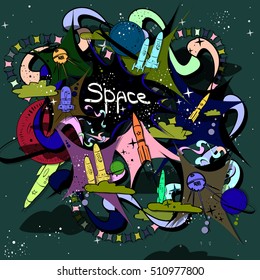 Space vector illustration made hand-drawn. Many symbols and objects for backgrounds. Cute cartoon colorful doodles.