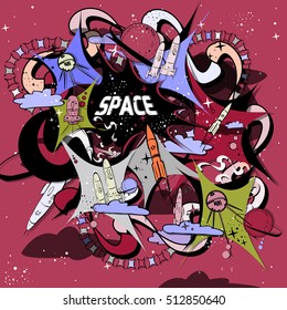 Space vector illustration made hand-drawn. Many symbols and objects for backgrounds. Cute cartoon colorful doodles.