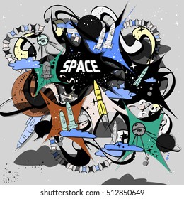 Space vector illustration made hand-drawn. Many symbols and objects for backgrounds. Cute cartoon colorful doodles.