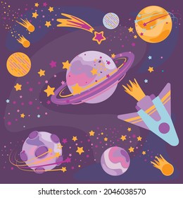 Space vector illustration with moon. rocket, spaceship, stars and comet. Background pattern.