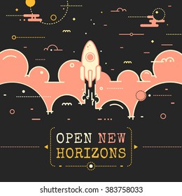 Space vector illustration in outline style, rocket flying above clouds into space. Rocket launch. Open new horizons poster design with rocket, flame and clouds in retro style. Business success concept