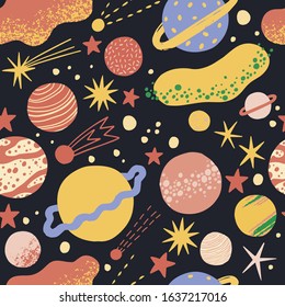Space vector illustration pattern. Seamless background space. Vector seamless illustration space for poster, wallpaper, fabric design, home textile, interior decoration, bed linen, clothes prints.