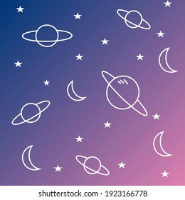Ilustración vectorial espacial. Planetas, estrellas y lunas sobre fondo morado 